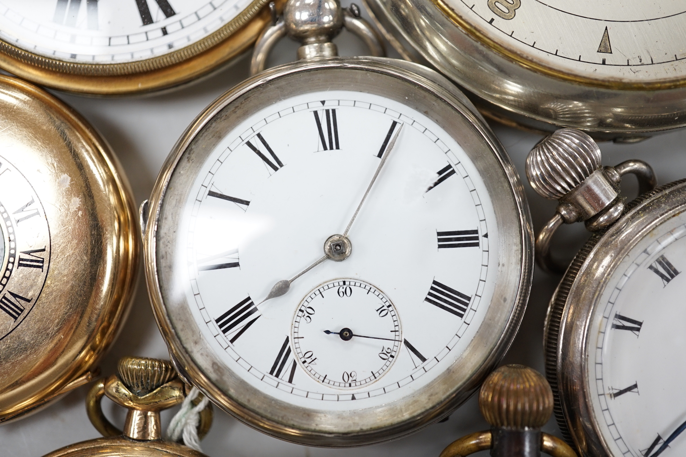 Thirteen assorted silver and mainly base metal pocket watches including half hunter and calendar moonphase.